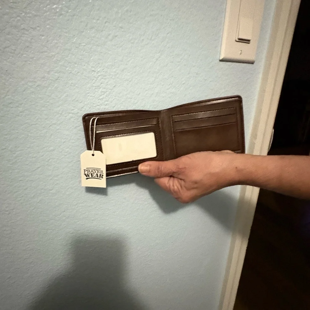 Brown Leather Wallet with Silver Praying Hands Accent - Picture 2 of 3